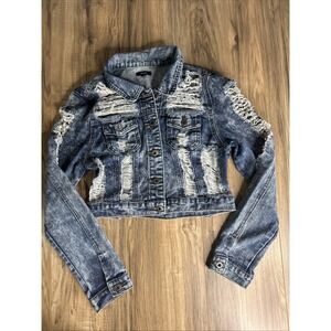 Chiqle Women's Medium Ripped Jean‎ Jacket Distressed Blue Light Wash Cropped